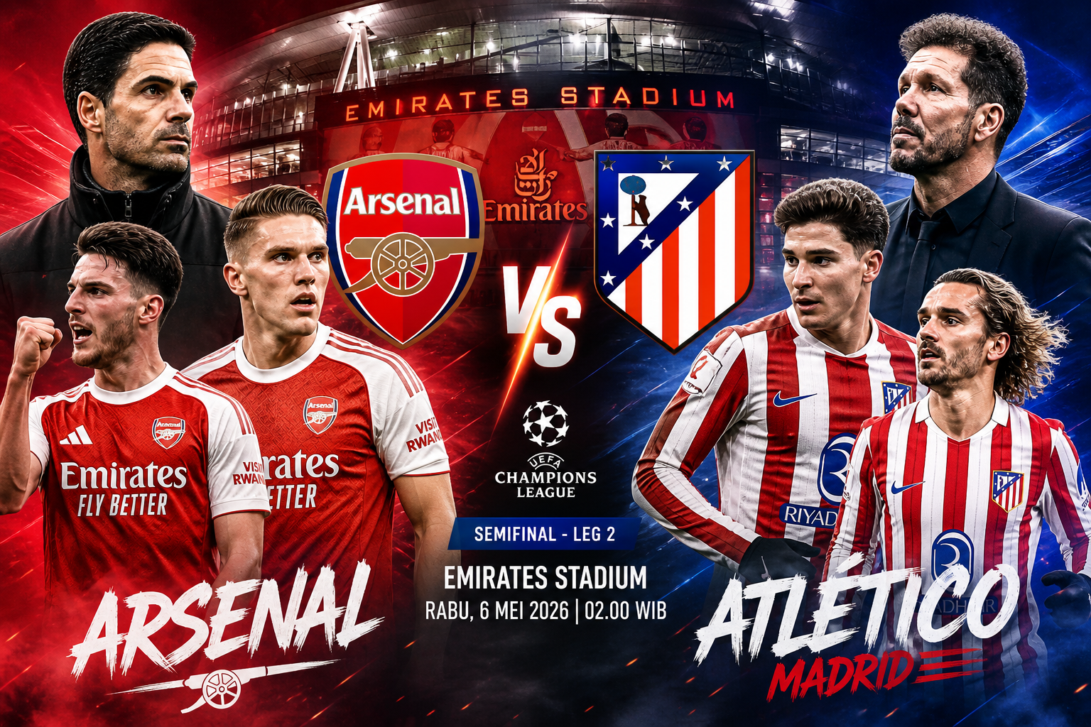 Jadwal Live Streaming Arsenal vs Atletico Madrid, Perebutan Tiket Final di Emirates Stadium pada Rabu (06/05) Dini Hari WIB