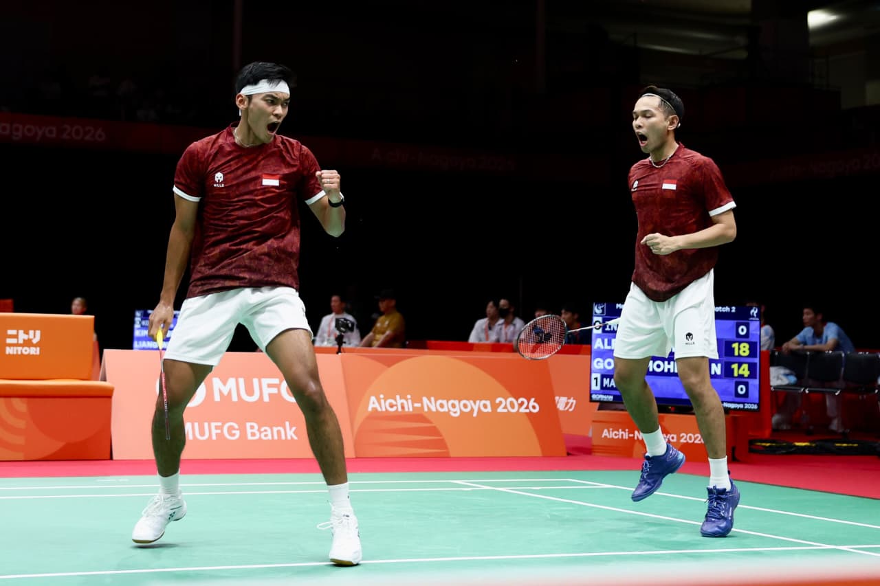 Aksi Fajar Alfian/Muhammad Shohibul Fikri di Asian Games 2026. (PBSI)