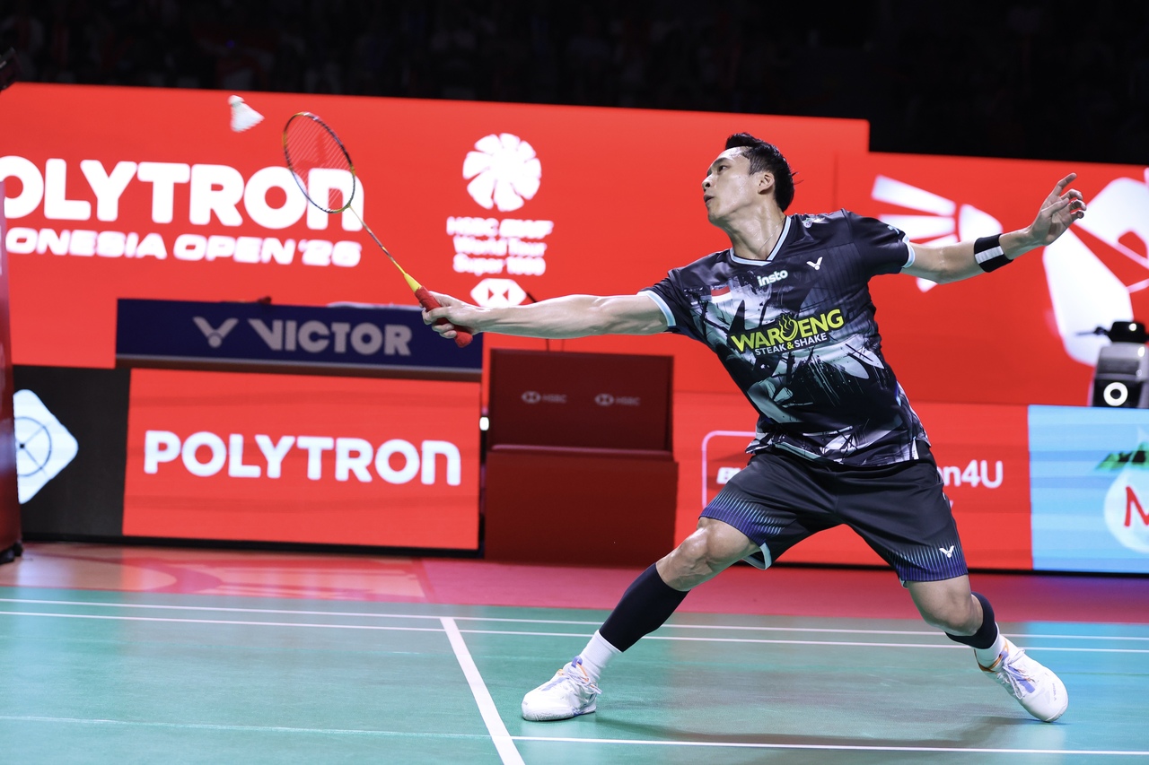 Aksi Jonatan Christie di Indonesia Open 2026. (PBSI)