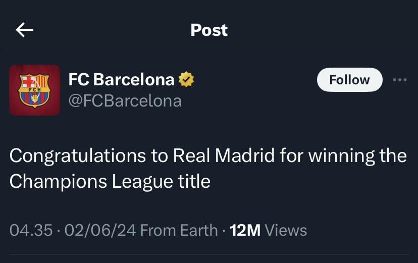 Sudah Jadi Kebiasaan, Barcelona Tidak Sungkan Mengucapkan Selamat untuk Madrid