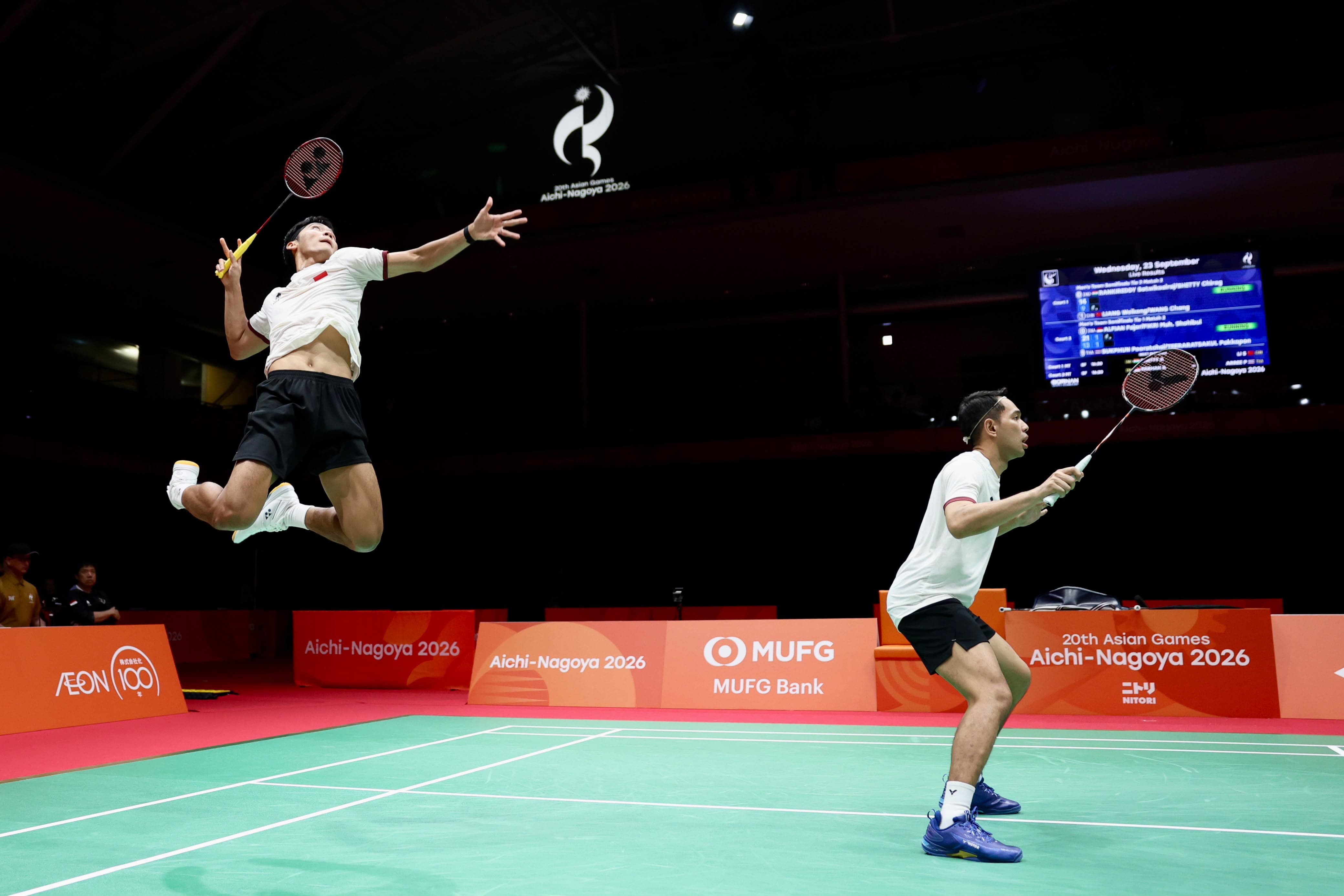 Aksi Ganda putra Indonesia, Fajar Alfian/Muhammad Shohibul Fikri di semifinal Asian Games 2026. (PBSI)