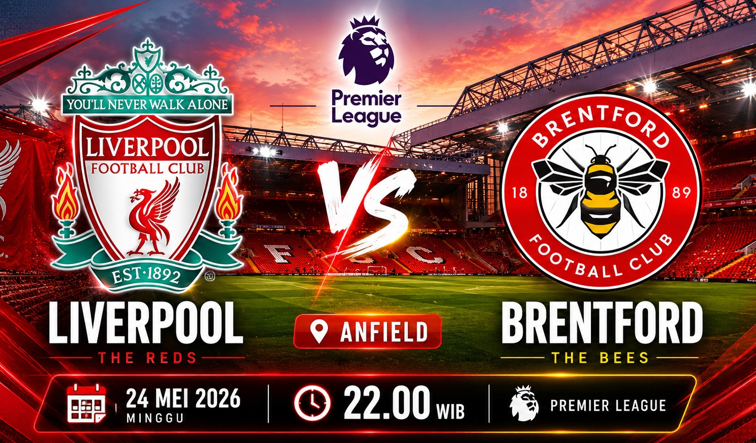 Jadwal dan Link Streaming Liverpool vs Brentford, Live! Minggu (24/5) Malam WIB