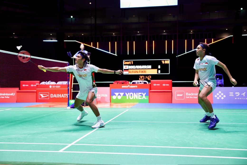 Aksi Fajar Alfian/Muhammad Shohibul Fikri di Japan Open 2026. (PBSI)