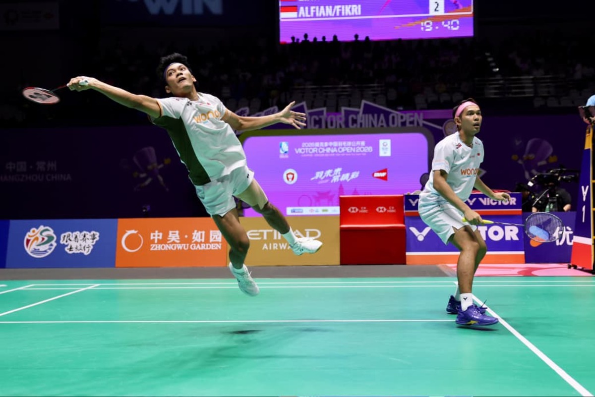 Aksi Fajar Alfian/Muhammad Shohibul Fikri di China Open 2026. (PBSI)
