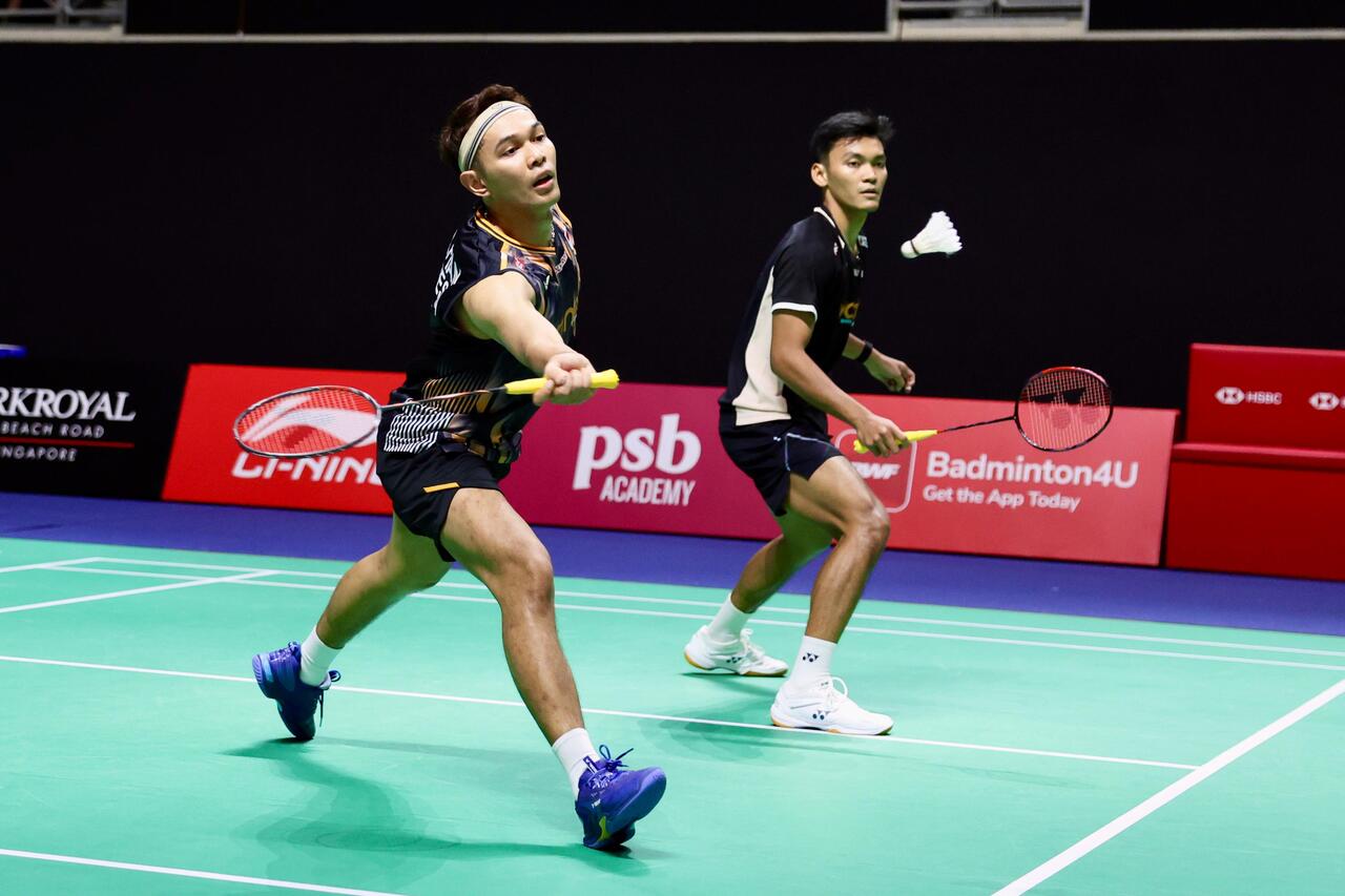Aksi Fajar Alfian/Muhammad Shohibul Fikri di Singapore Open 2026. (PBSI)