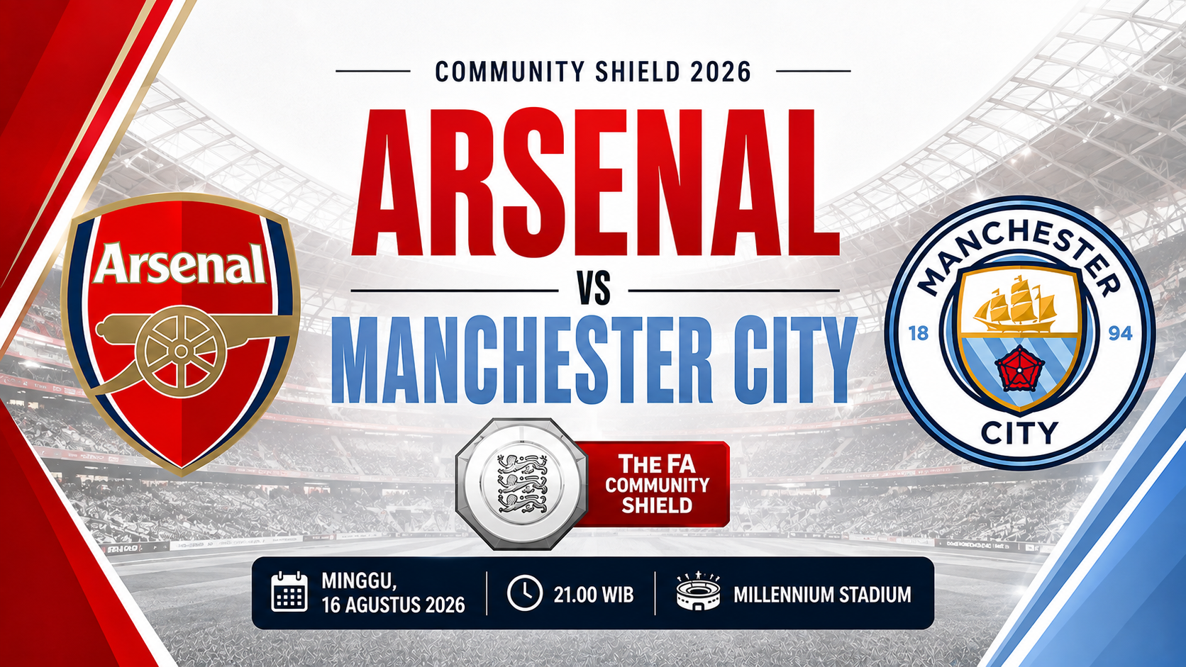 Cara Menonton dan Link Streaming Arsenal vs Manchester City di Community Shield, Minggu 16 Agustus 2026 Pukul 21.00 WIB